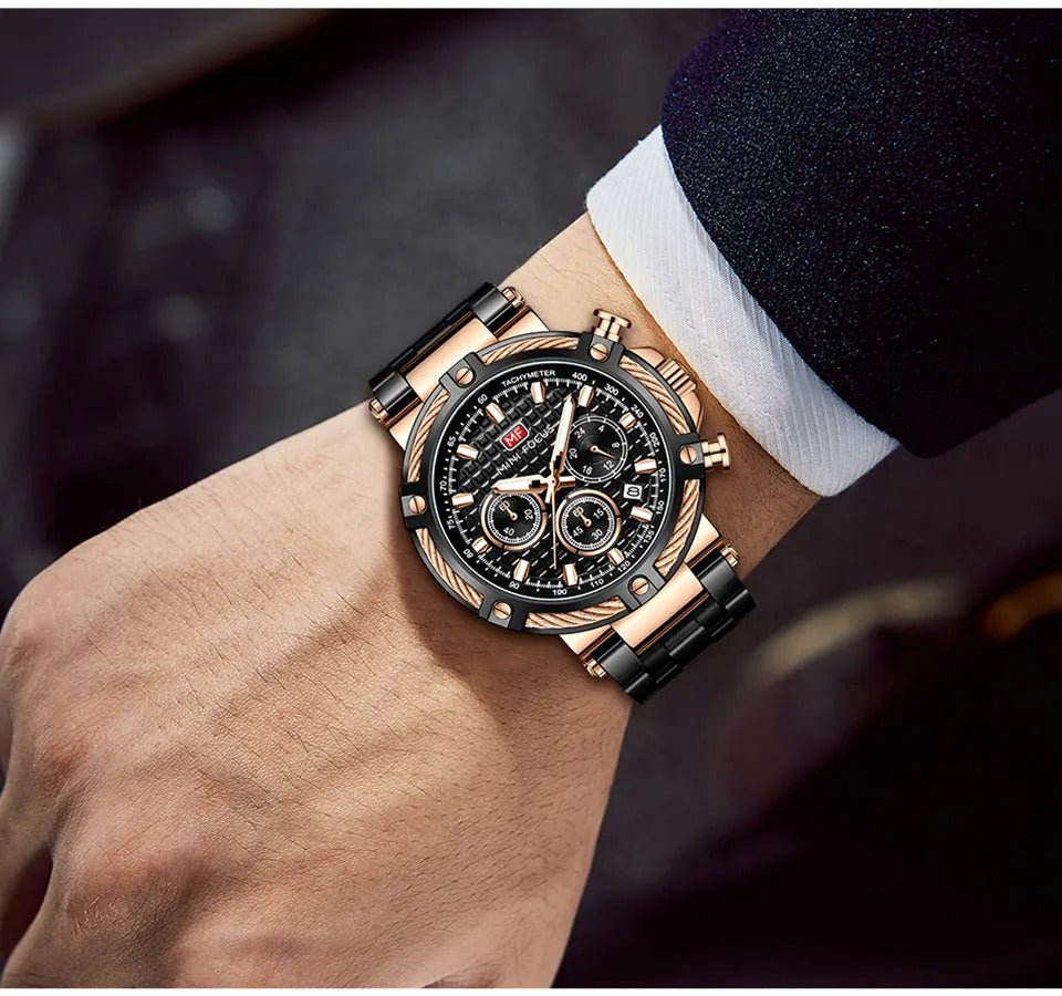 MINI FOCUS Analog Quartz Dress Watch Men Silver Blue Stainless Steel Band Chronograph Luminous Wristwatch with Date 24-hour 0470