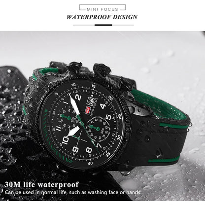 MINI FOCUS Sport Quartz Watch for Men Fashion Waterproof Chronograph Wristwatch with Blue Silicone Strap Auto Date Luminous 0379