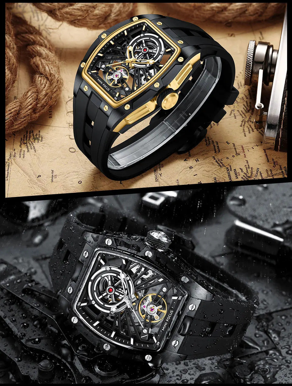MINI FOCUS Men Wristwatch Fashion Black Waterproof Automatic Mechanical Watch with Luminous Hands Silicone Strap Tonneau Dial