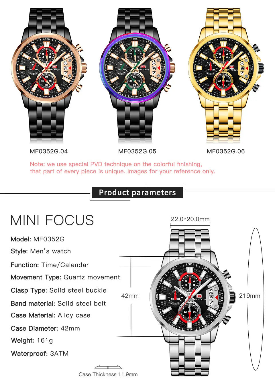 MINI FOCUS Chronograph Quartz Watch for Men with Stainless Steel Bracelet Luxury Sport Analog Wristwatch with Date Black Purple