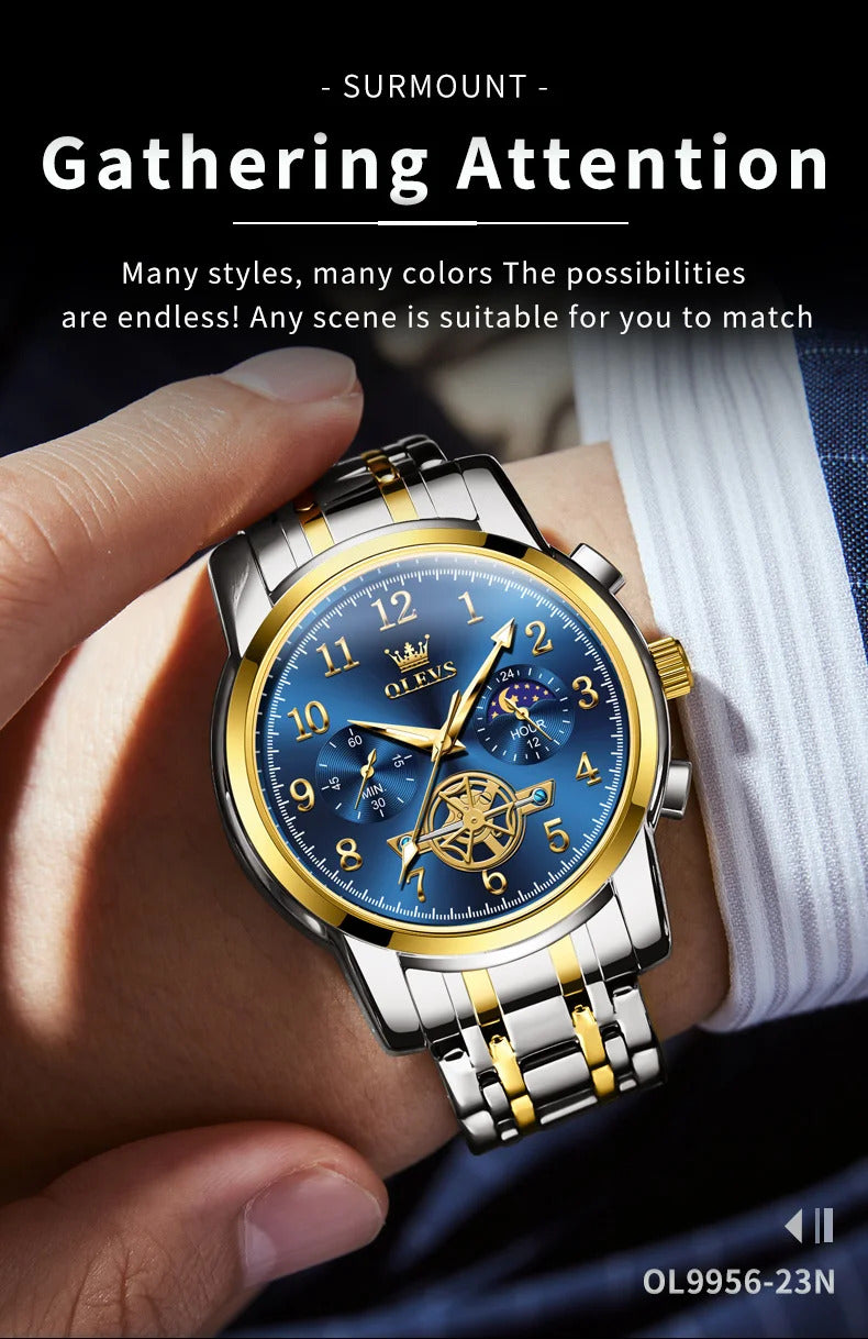 OLEVS 2900 Moon Phase Watch Men Stainless Steel Waterpoof Luminous  Fashion Skeleton Chronograph Quartz Wrist Watch for Men NEW