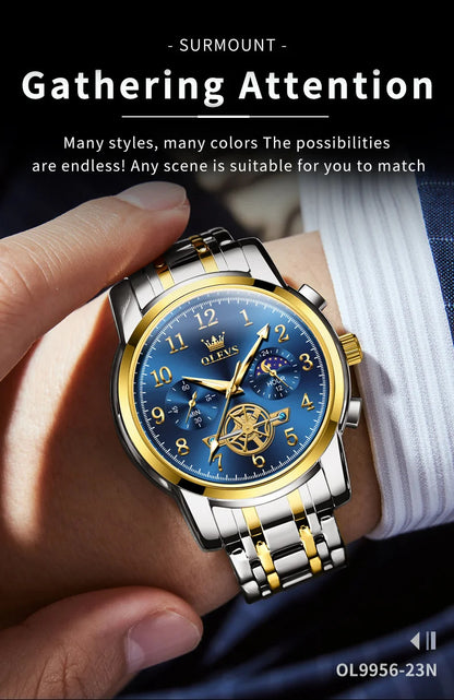 OLEVS 2900 Moon Phase Watch Men Stainless Steel Waterpoof Luminous  Fashion Skeleton Chronograph Quartz Wrist Watch for Men NEW