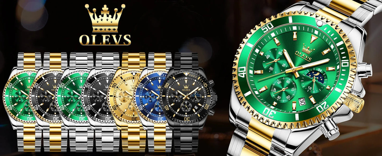 OLEVS Men's Watches Top Brand Luxury Watch for Men Original Waterproof Stainless Steel Chronograph Moon Phase Date Rota Dial