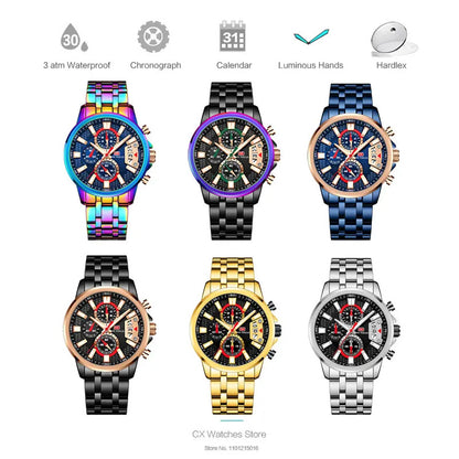 MINI FOCUS Chronograph Quartz Watch for Men with Stainless Steel Bracelet Luxury Sport Analog Wristwatch with Date Black Purple