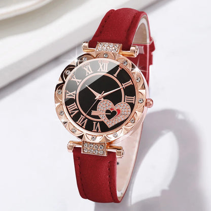 6PCS/Set Women's Watch Fashion Roma Heart Dial Leather Band Quartz Watches Leaf Bracelets Set(Without Box)