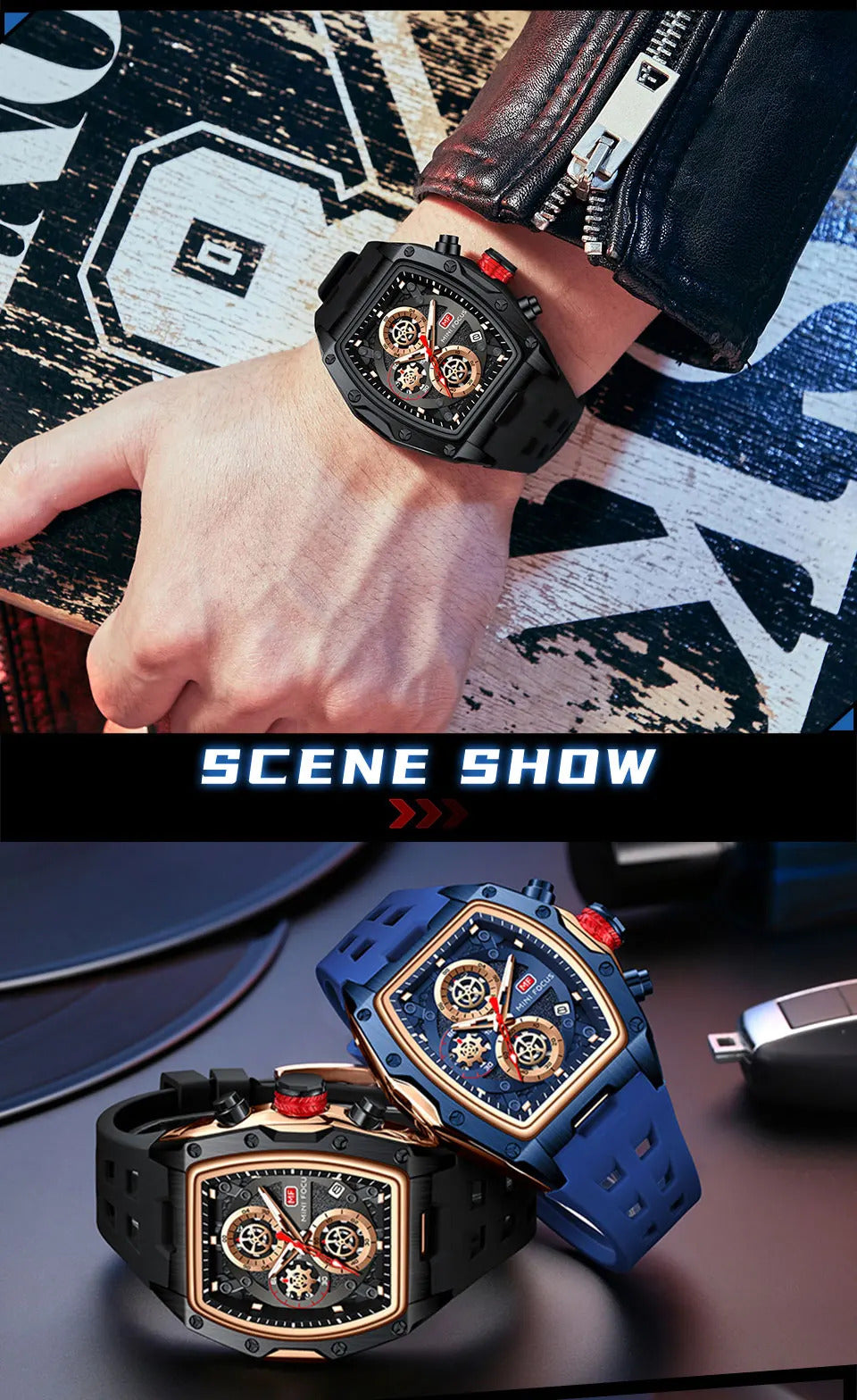 MINI FOCUS Blue Quartz Watch Men Fashion Military Sport Chronograph Wristwatch with Luminous Hands Auto Date Silicone Strap