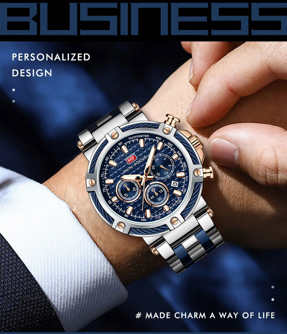 MINI FOCUS Analog Quartz Dress Watch Men Silver Blue Stainless Steel Band Chronograph Luminous Wristwatch with Date 24-hour 0470