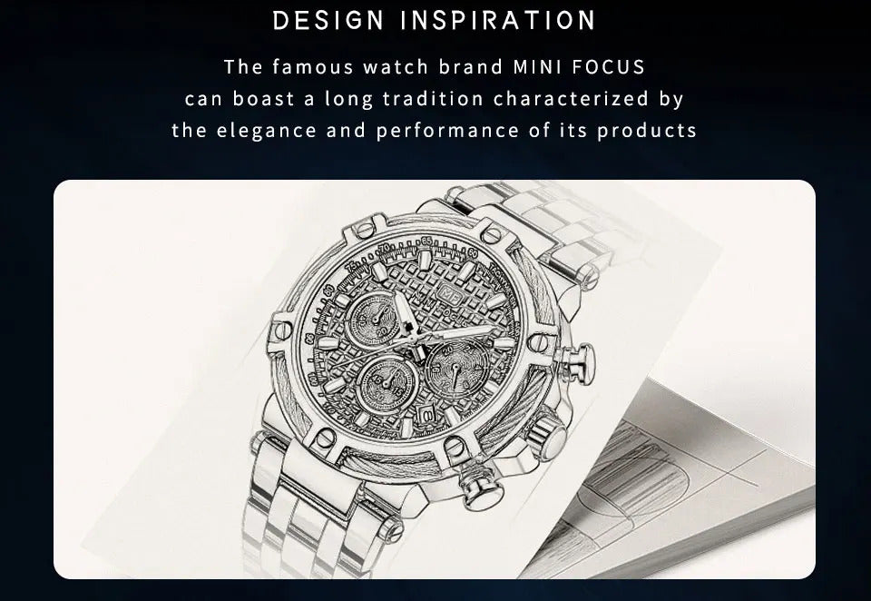 MINI FOCUS Analog Quartz Dress Watch Men Silver Blue Stainless Steel Band Chronograph Luminous Wristwatch with Date 24-hour 0470