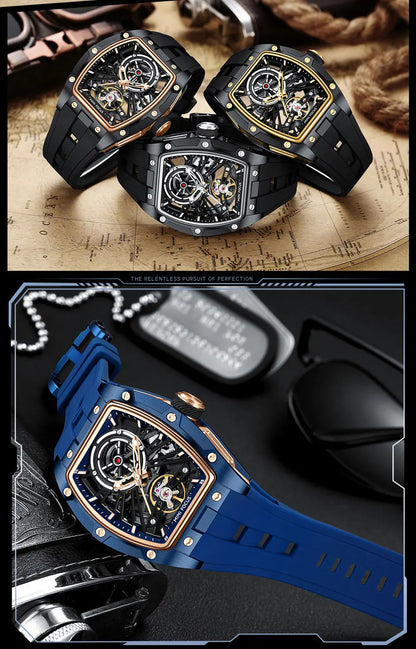 MINI FOCUS Men Wristwatch Fashion Black Waterproof Automatic Mechanical Watch with Luminous Hands Silicone Strap Tonneau Dial