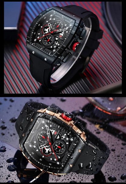 MINI FOCUS Sport Chronograph Quartz Watch for Men Fashion Blue Silicone Strap Tonneau Dial Wristwatch with Date 3atm Waterproof