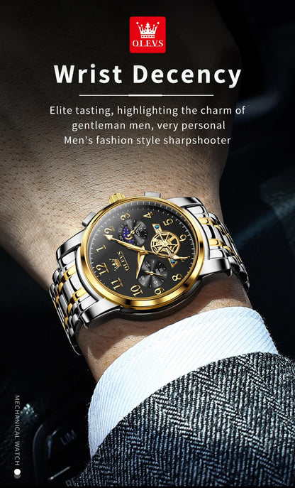 OLEVS 2900 Moon Phase Watch Men Stainless Steel Waterpoof Luminous  Fashion Skeleton Chronograph Quartz Wrist Watch for Men NEW