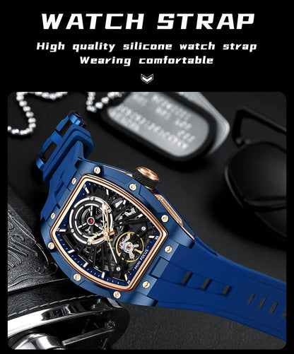 MINI FOCUS Men Wristwatch Fashion Black Waterproof Automatic Mechanical Watch with Luminous Hands Silicone Strap Tonneau Dial