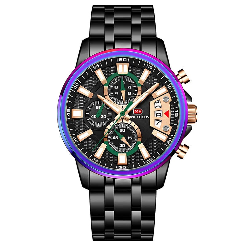 MINI FOCUS Chronograph Quartz Watch for Men with Stainless Steel Bracelet Luxury Sport Analog Wristwatch with Date Black Purple