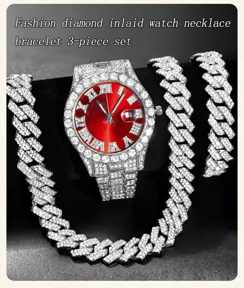 Fashion rhinestone watch hip hop 14mm claw cuban chain rapper cuban necklace set men and women punk party gift