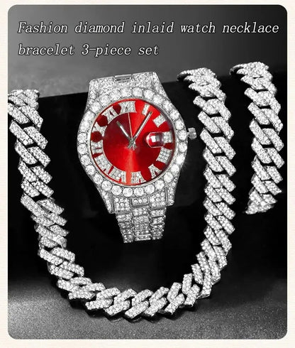 Fashion rhinestone watch hip hop 14mm claw cuban chain rapper cuban necklace set men and women punk party gift