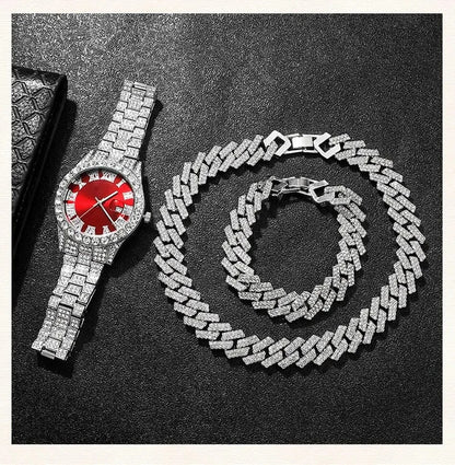 Fashion rhinestone watch hip hop 14mm claw cuban chain rapper cuban necklace set men and women punk party gift