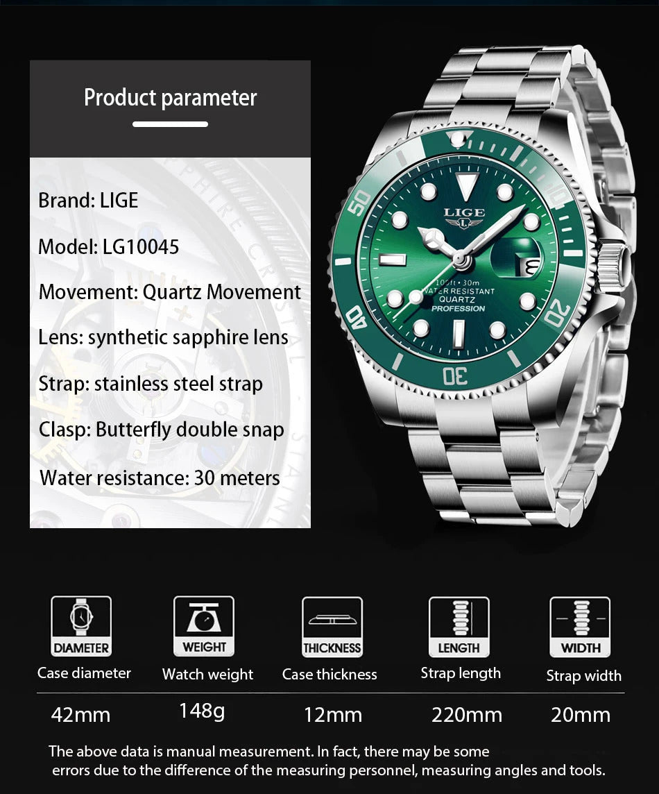 LIGE New Watch Men Business Casual Wristwatch Luxury Date Quartz Watch Stainless Steel Watches For Men Clock Relogios Masculino