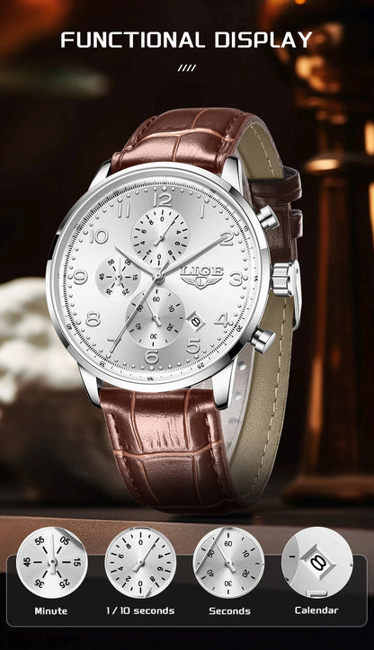 LIGE New Mens Watches Top Brand Luxury Military Quartz Watch For Men Fashion Leather Sports Waterproof Chronograph Reloj Hombre