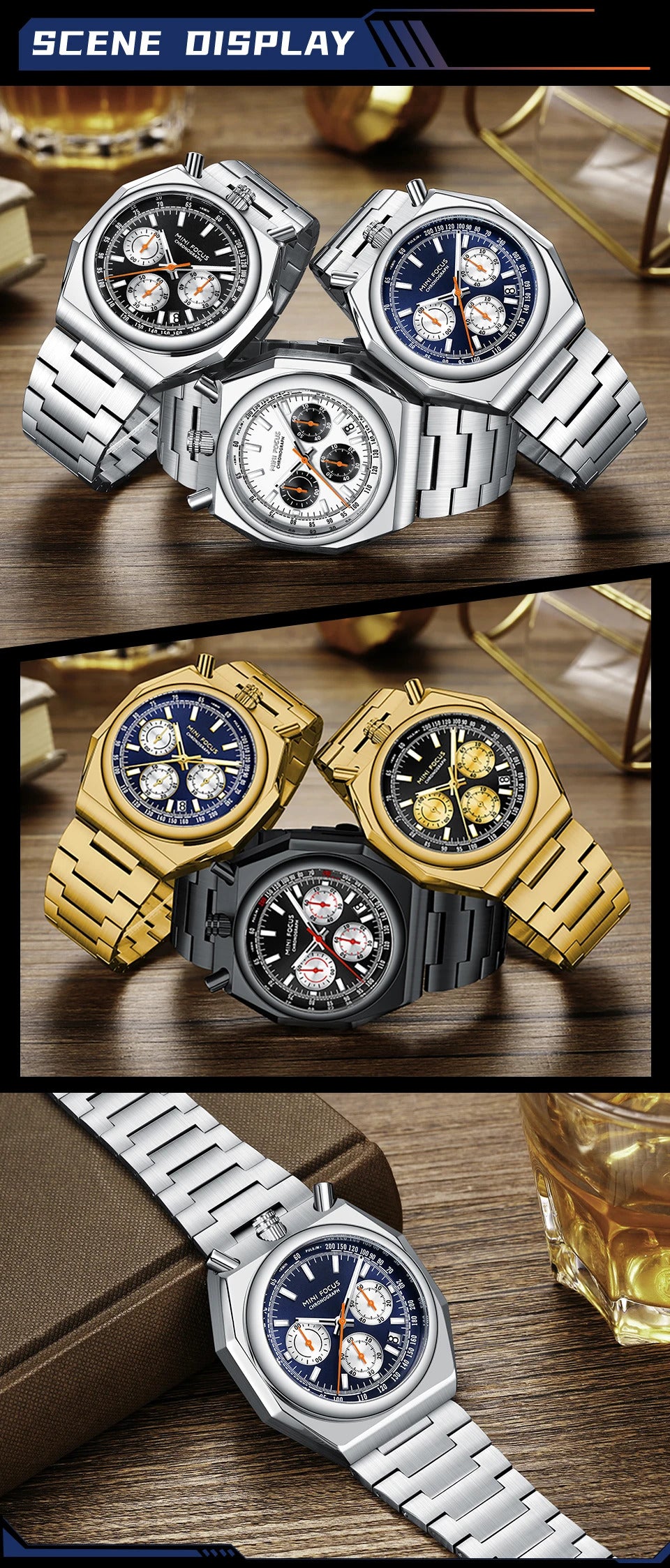 MINI FOCUS Fashion Multifunctional Quartz Watch for Men Calendar Luminous Luxury Stainless Steel Strap Bull Head Mens Watches