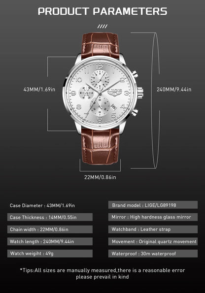 LIGE New Mens Watches Top Brand Luxury Military Quartz Watch For Men Fashion Leather Sports Waterproof Chronograph Reloj Hombre
