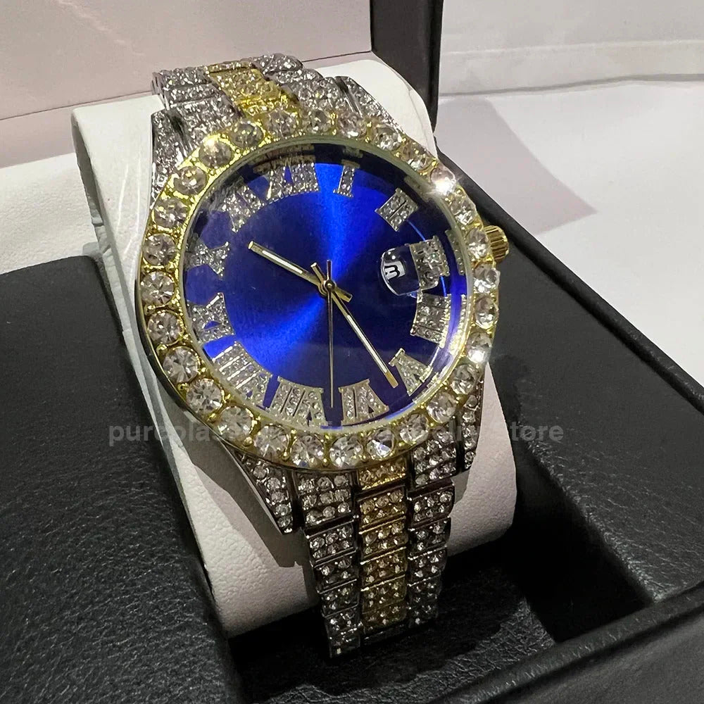 Personalized Hip Hop Watch with Shiny Rhinestones for Men, Luxury Clock, Band Length, Iced Steel Belt, 40mm Diameter Glass Dial
