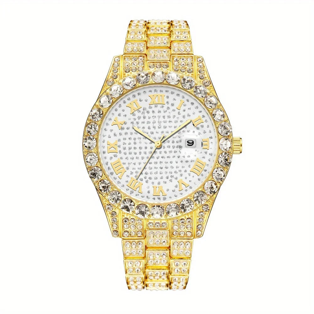 Fashion Hip-hop Cuban Bracelet & Men's Steel Band Faux Diamond Watch, Fashion Men's Watch Set