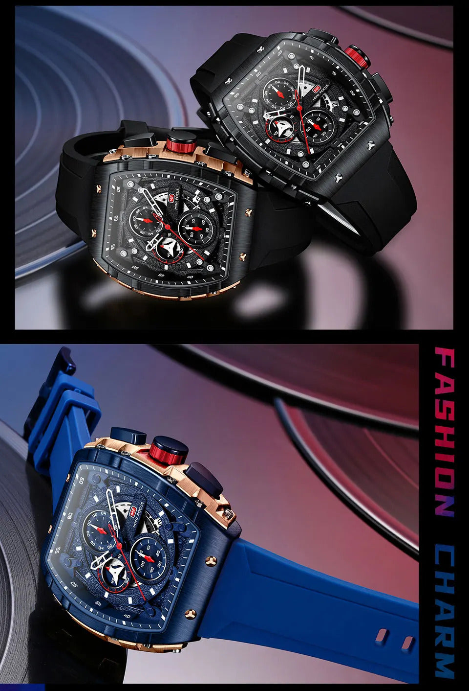 MINI FOCUS Sport Chronograph Quartz Watch for Men Fashion Blue Silicone Strap Tonneau Dial Wristwatch with Date 3atm Waterproof