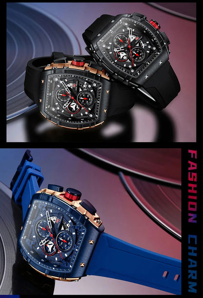 MINI FOCUS Sport Chronograph Quartz Watch for Men Fashion Blue Silicone Strap Tonneau Dial Wristwatch with Date 3atm Waterproof