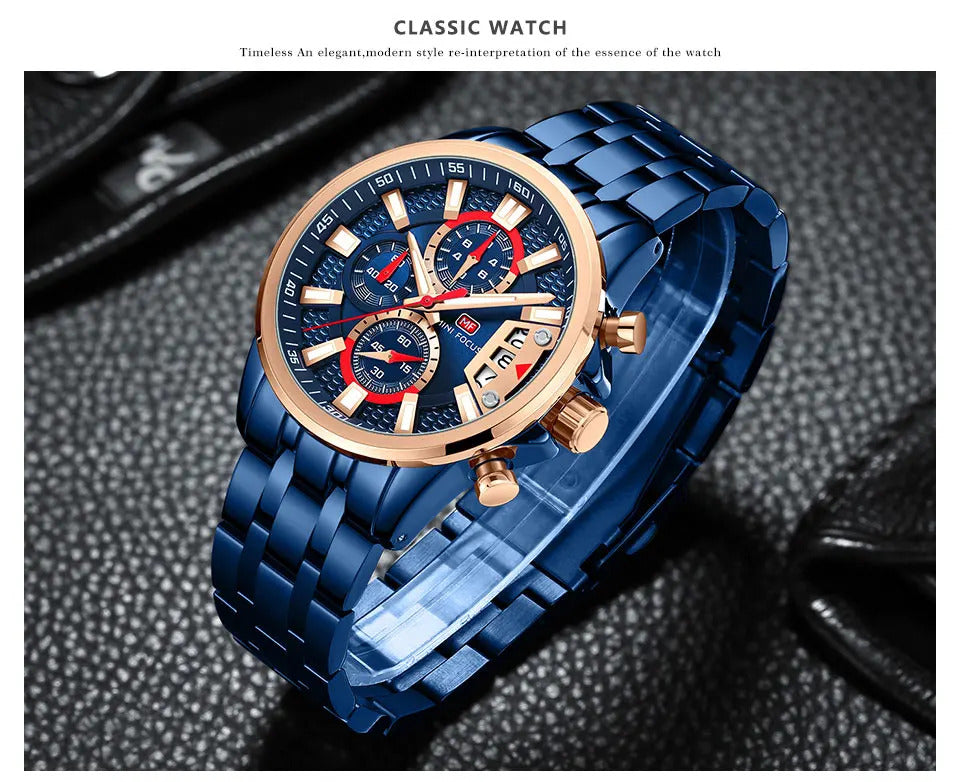 MINI FOCUS Chronograph Quartz Watch for Men with Stainless Steel Bracelet Luxury Sport Analog Wristwatch with Date Black Purple