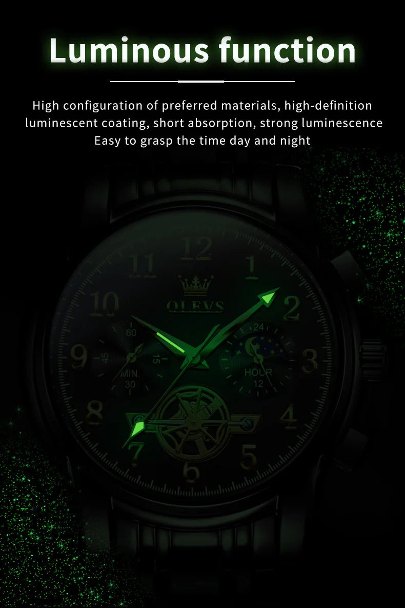 OLEVS 2900 Moon Phase Watch Men Stainless Steel Waterpoof Luminous  Fashion Skeleton Chronograph Quartz Wrist Watch for Men NEW