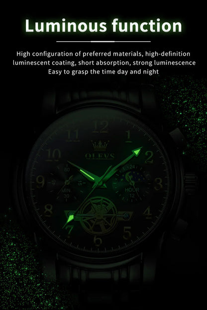 OLEVS 2900 Moon Phase Watch Men Stainless Steel Waterpoof Luminous  Fashion Skeleton Chronograph Quartz Wrist Watch for Men NEW