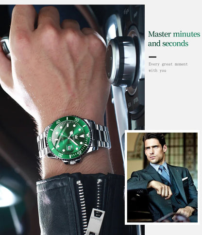 OLEVS Top Original Men Quartz Watch Green Waterproof Watch for Men Stainless Steel Quartz Men Luxury Watch Luminous Wristwatch