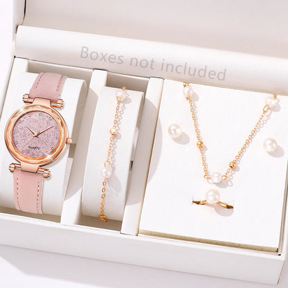 6PCS/Set Red Women's Watch With Minimalist Elements Dial Quartz Watch Latex Strap Cherry Elements Jewelry Set Girl's Gift