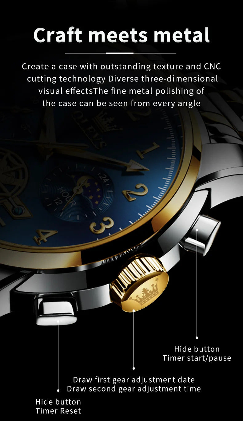 OLEVS 2900 Moon Phase Watch Men Stainless Steel Waterpoof Luminous  Fashion Skeleton Chronograph Quartz Wrist Watch for Men NEW