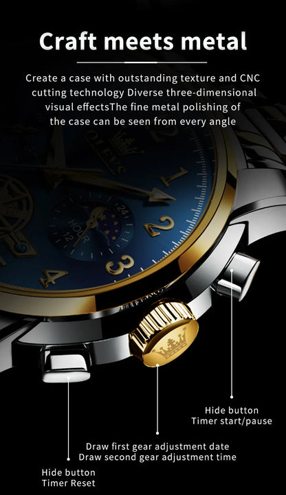 OLEVS 2900 Moon Phase Watch Men Stainless Steel Waterpoof Luminous  Fashion Skeleton Chronograph Quartz Wrist Watch for Men NEW