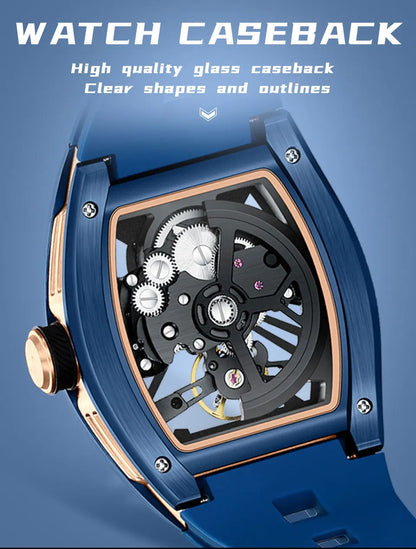 MINI FOCUS Men Wristwatch Fashion Black Waterproof Automatic Mechanical Watch with Luminous Hands Silicone Strap Tonneau Dial
