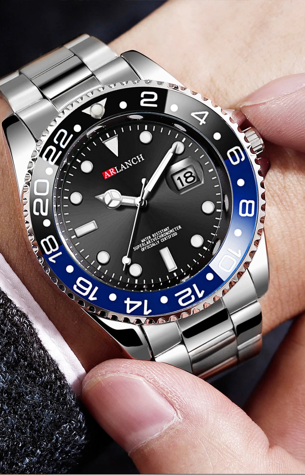 Business Stainless Steel Watch 40mm Classic Red Blue Circle Diving Series Magnifying Glass Calendar Quartz Watches montre homme
