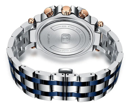 MINI FOCUS Analog Quartz Dress Watch Men Silver Blue Stainless Steel Band Chronograph Luminous Wristwatch with Date 24-hour 0470