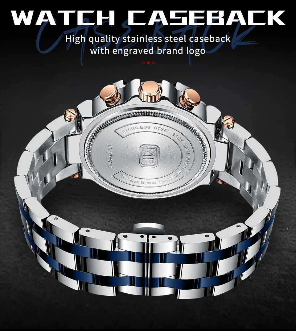 MINI FOCUS Analog Quartz Dress Watch Men Silver Blue Stainless Steel Band Chronograph Luminous Wristwatch with Date 24-hour 0470