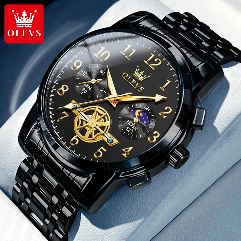 OLEVS 2900 Moon Phase Watch Men Stainless Steel Waterpoof Luminous  Fashion Skeleton Chronograph Quartz Wrist Watch for Men NEW