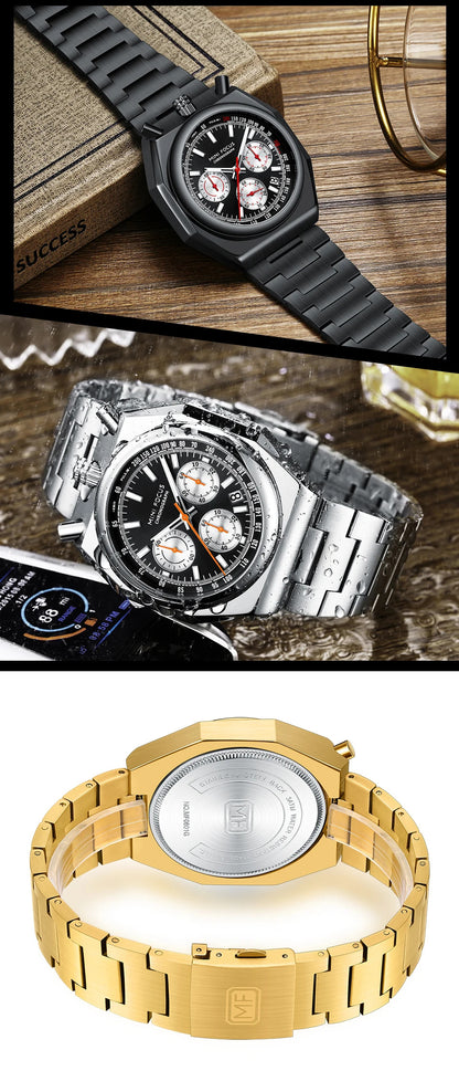 MINI FOCUS Fashion Multifunctional Quartz Watch for Men Calendar Luminous Luxury Stainless Steel Strap Bull Head Mens Watches