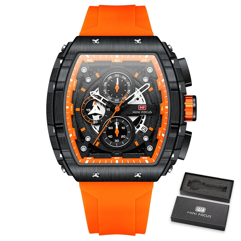 MINI FOCUS Sport Chronograph Quartz Watch for Men Fashion Blue Silicone Strap Tonneau Dial Wristwatch with Date 3atm Waterproof