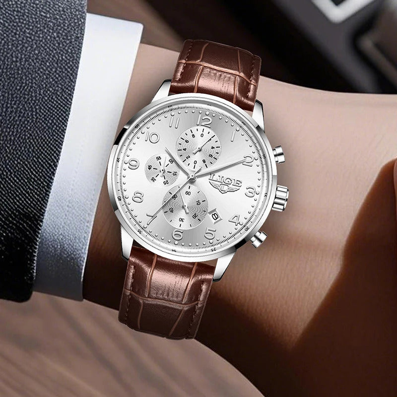 LIGE New Mens Watches Top Brand Luxury Military Quartz Watch For Men Fashion Leather Sports Waterproof Chronograph Reloj Hombre