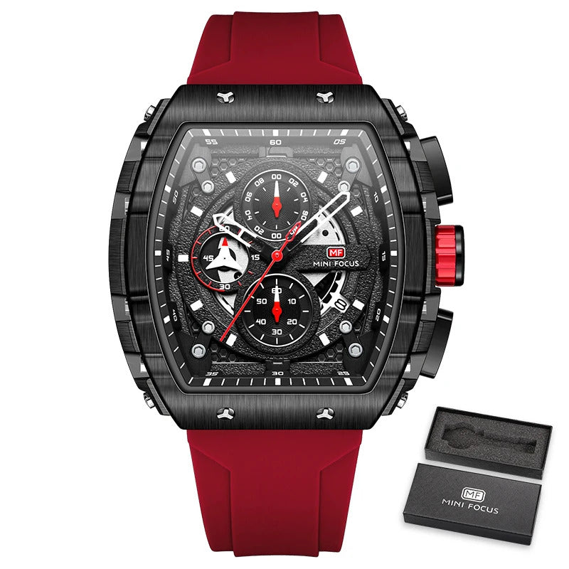 MINI FOCUS Sport Chronograph Quartz Watch for Men Fashion Blue Silicone Strap Tonneau Dial Wristwatch with Date 3atm Waterproof