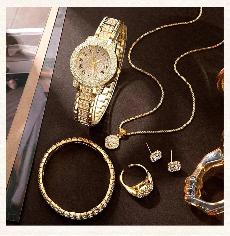 6 Pack Women's Watches Luxury Elegant Alloy Watches Women Crystal Watch Gift Quartz Watch Alloy Rhinestone Bracelet Montre