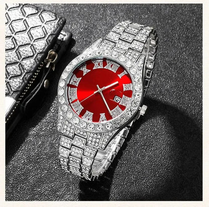 Fashion rhinestone watch hip hop 14mm claw cuban chain rapper cuban necklace set men and women punk party gift