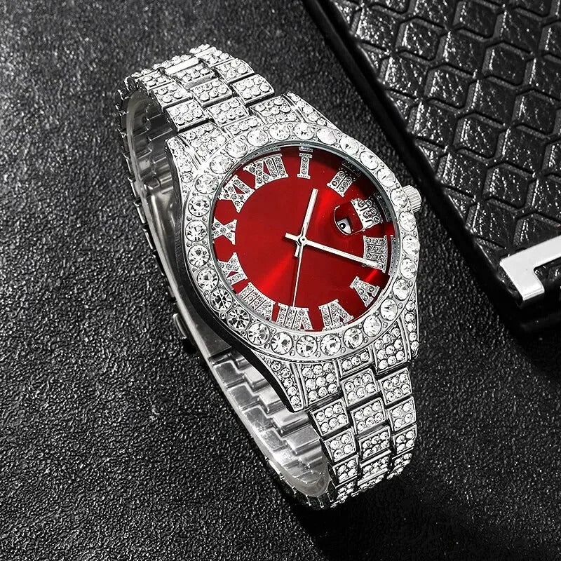 Fashion rhinestone watch hip hop 14mm claw cuban chain rapper cuban necklace set men and women punk party gift