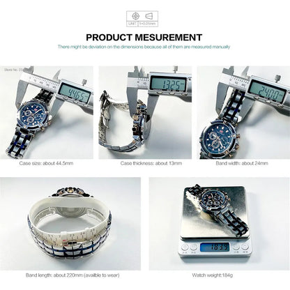 MINI FOCUS Analog Quartz Dress Watch Men Silver Blue Stainless Steel Band Chronograph Luminous Wristwatch with Date 24-hour 0470