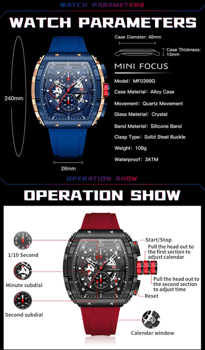MINI FOCUS Sport Chronograph Quartz Watch for Men Fashion Blue Silicone Strap Tonneau Dial Wristwatch with Date 3atm Waterproof