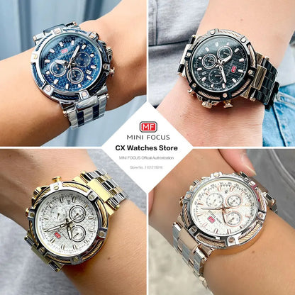 MINI FOCUS Analog Quartz Dress Watch Men Silver Blue Stainless Steel Band Chronograph Luminous Wristwatch with Date 24-hour 0470